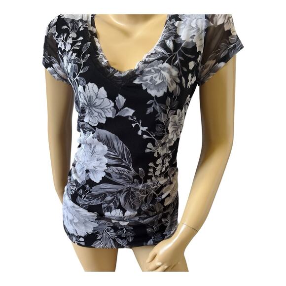 INC Womens Size Medium Short Sleeve V Neck Ruched Knit Floral Print Shirt Top - Picture 7 of 8